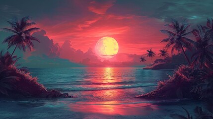 Featuring palm trees and beach scenery in sunset hues. Artistic summer collage blending vintage charm with vibrant tropical colors and textures, palm trees, beach scenery, summer collage.