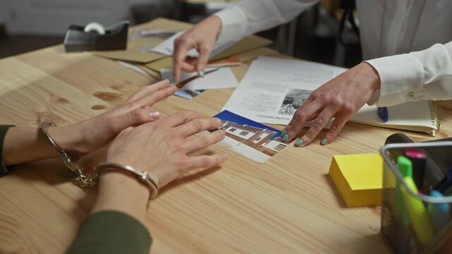 A handcuffed woman at a police station desk examines house photos while an investigator points out details.