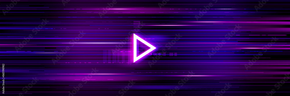 Leinwandbilder Video game glitch background of retro TV or computer screen with purple pixel noise lines vector pattern and neon light play button or triangle sign. Digital data glitch effect banner, game background