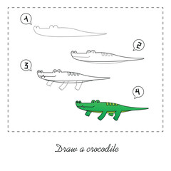 Step-by-step contour drawing coloring book for children. Instructions on how to draw a crocodile.