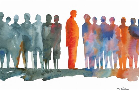 Group of people standing in front of red man watercolor painting of travelers exploring art and culture together