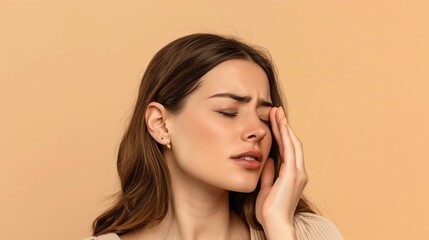 a woman with a headache on a beige background