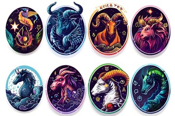 Colorful Zodiac Themed Art Gallery with Star Sign Artworks on White Background