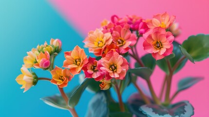 Fototapeta premium Close up of vibrant kalanchoe plant with colorful flowers on stylish pink and blue background