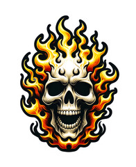 Fototapeta premium human skull head on abstract fire flames burning sticker isolated on png transparent background