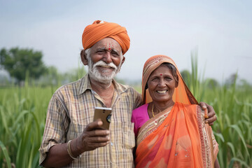 Senior indian farmer couple using smartphone