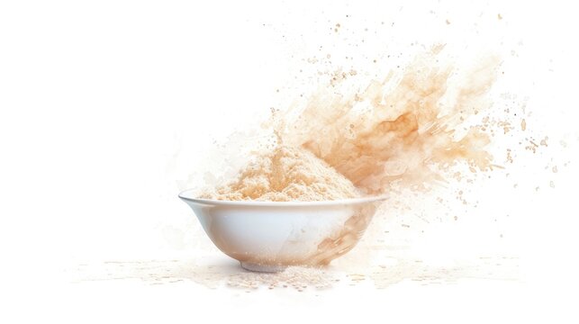 A photo of psyllium husk powder depicted in a watercolor painting style, with soft, flowing brushstrokes, in a white bowl,