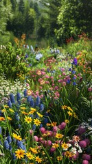 Colorful garden with a variety of flowers on a sunny day.