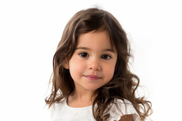 Adorable Hispanic preschool-aged girl with a confident look, facing the camera, isolated on white background.