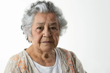 Beautiful elderly Latin woman with a warm expression, looking into the camera, isolated on white background.