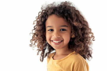 Charming Brazilian school-aged girl with a captivating smile, facing the camera, isolated on white background.
