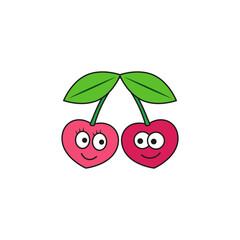 Two enamored cartoon cute heart shaped cherry with faces together. Color vector illustration on white background. 