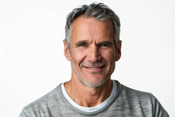Obraz premium Distinguished mid aged mature Caucasian man with a warm smile, facing the camera, isolated on white background.
