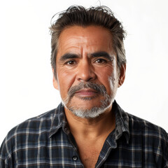 Obraz premium Distinguished mid aged mature Latin man with a warm expression, looking into the camera, isolated on white background.