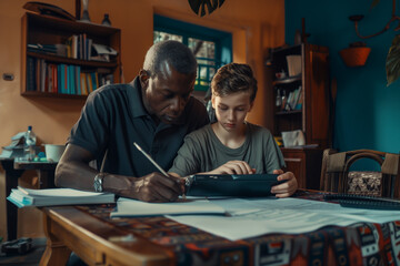 African father helping caucasian teenager son learning for school doing homeworks together for education 