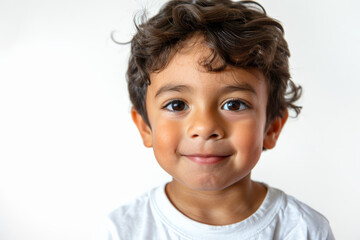 Energetic Latin preschool-aged boy with a warm expression, looking into the camera, isolated on white background.