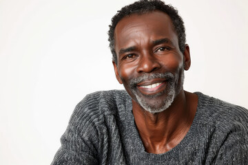 Handsome mid aged mature African American man with a charming smile, looking into the camera, isolated on white background.