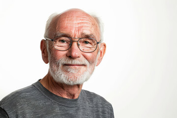 Obraz premium Mature elderly Caucasian man with a kind smile, gazing into the camera, isolated on white background.