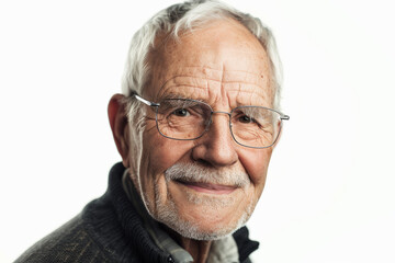 Obraz premium Mature elderly Caucasian man with a kind smile, gazing into the camera, isolated on white background.