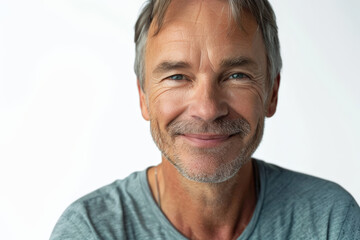 Obraz premium Mature mid aged Caucasian man with a kind smile, gazing into the camera, isolated on white background.