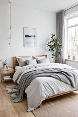 A cozy bedroom with light wood floors, white walls, and simple, functional furniture.