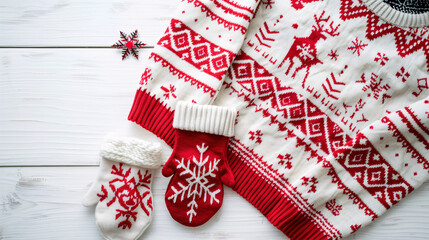 Christmas  sweater and a pair of festive mittens  , seasonal outfits  on white background	
