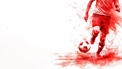 Red watercolor of a soccer football player's leg kicking ball at game