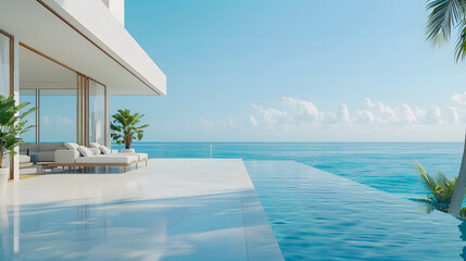 Fototapeta premium Beach lounge, sun loungers on Sunbathing deck and private swimming pool with panoramic sea view at Modern villa/3d rendering