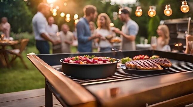 summer time party in backyard garden with grill BBQ, wooden table, blurred background