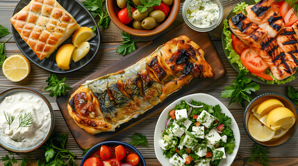 Selection of traditional greek food - salad, meze, pie, fish, tzatziki, dolma on wood background, top view