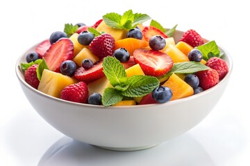 White bowl of fresh fruit salad isolated on white background. Healthy summer meal