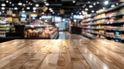 Obraz premium Vibrant Supermarket Grocery Store Ambiance on Polished Wooden Table - High-Resolution