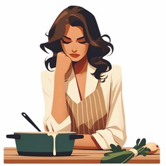 フラットスタイルのアメリカンコミック風に描かれた若い女性がキッチンで料理をしているシーンです。彼女は白いシャツとストライプのエプロンを着用し、調理鍋の前で考え込んでいる様子です。背景は白で、テーブルには野菜が置かれています。彼女の表情は集中しており、全体的に画像は家庭的でリアルな印象を与えます。