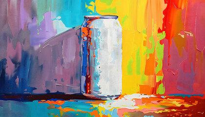 An oil painting made with various vibrant colors feauturing a white soda can as the center piece