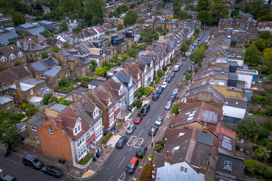 Aerial view of typical street of terraced houses in Ealing, West London