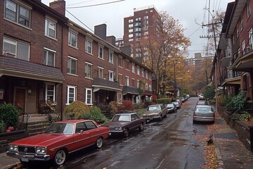 Red Car Parked on Residential Street in Front of Brick Townhouses