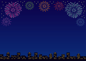花火が打ち上がる街の横向きのフレームイラスト_2
