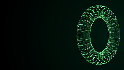 70.ep3D futuristic vector geometric shape with green dots and lines. Structure technology network connection. Abstract wireframe torus twist form. Ai in dark cyberspace background.