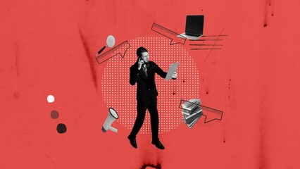 Stop motion, animation. Conceptual design. Businessman working on many professional tasks, developing company successful strategies and finishing deadlines. Concept of business, career development