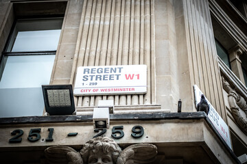 LONDON- Regent Street street sign. Landmark retail destination in the west end
