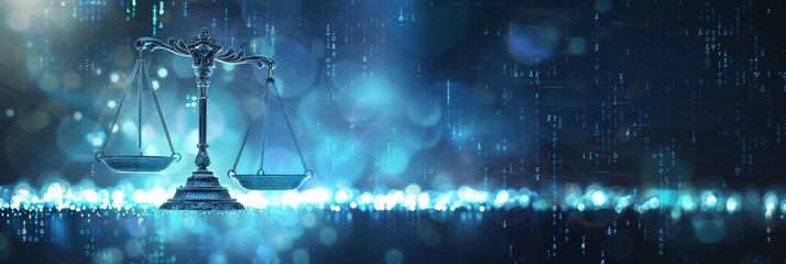 AI ethics concept with balanced scales, digital codes, and ethical guidelines