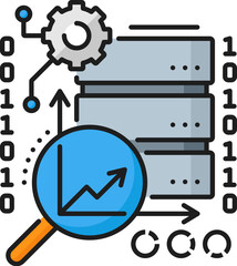 Fototapeta premium Data scientist vacancy, IT specialist job, web development career line color icon. Data science, website programming, web development outline vector icon with magnifying glass, binary code and storage