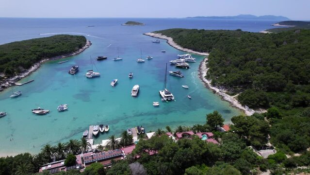 Bay with sailing boats and yachts on the Croatian coast near Hvar, Palmizana