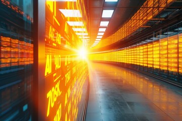 AI data stream with glowing numbers in a high tech futuristic server room