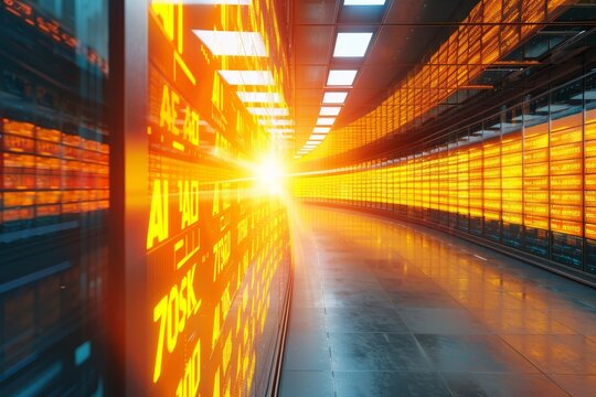 AI data stream with glowing numbers in a high tech futuristic server room