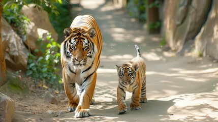 Fototapeta premium A large tiger and its cub walk together on a rocky path in the daylight