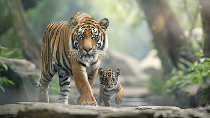 Obraz premium A large tiger and its cub walk together on a rocky path in the daylight