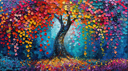 Elegant colorful tree with vibrant leaves hanging branches illustration background. Bright color 3d abstraction wallpaper for interior mural painting wall art decor. Ai