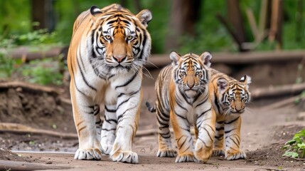 Obraz premium A large tiger and its cub walk together on a rocky path in the daylight