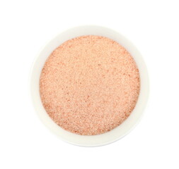 Pink Himalayan fine salt in white bowl isolated on white background. Top view.